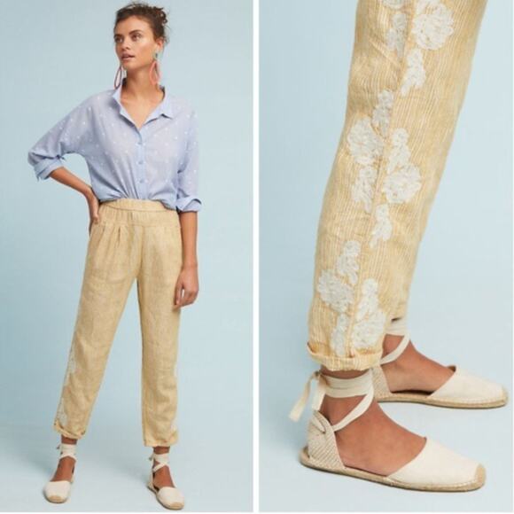 Anthropologie 100% Linen Yellow Stripe Floral Embroidered Pants Sz Sml Boho - Picture 1 of 15